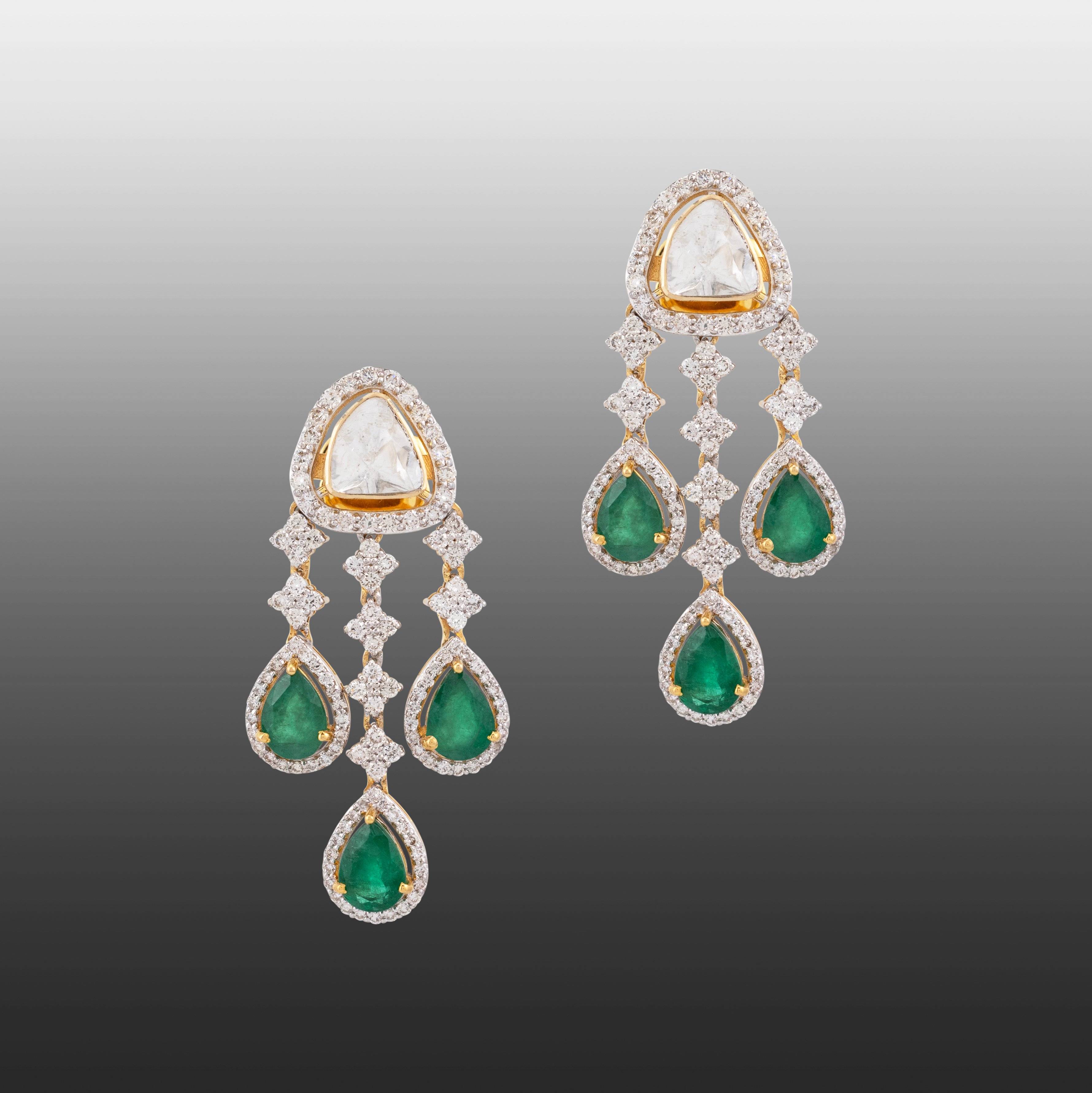 Polki and Zambian Emerald Drop Earrings with Diamond Accents